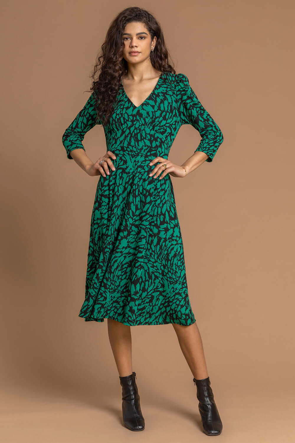 Dark Green Animal Print Jacquard Dress, Image 3 of 4