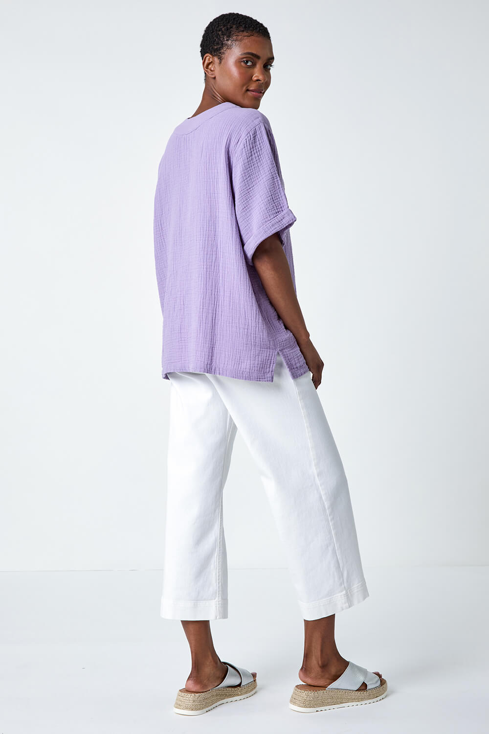 Lilac Textured Cotton Relaxed T-Shirt, Image 3 of 5