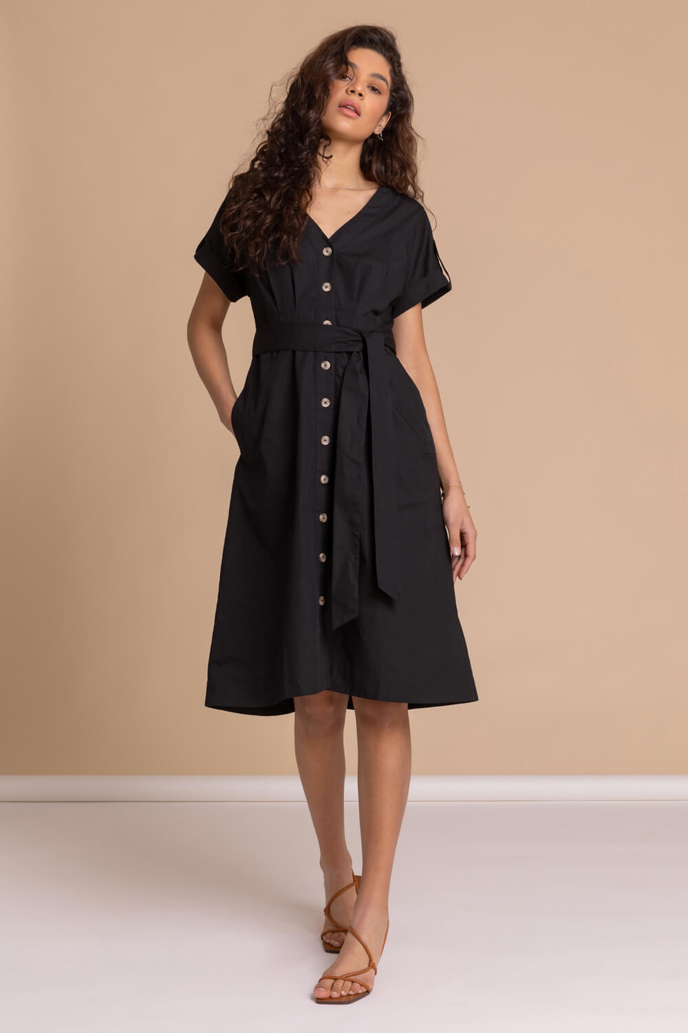Cotton Belted Midi Shirt Dress in Black - Roman Originals UK