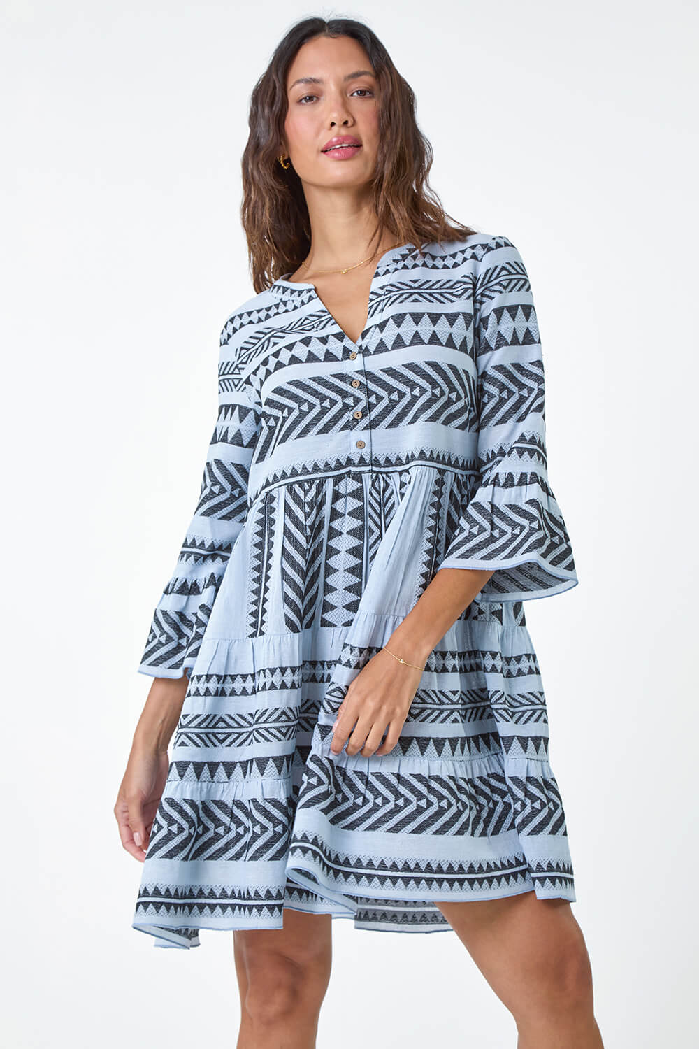 Light Blue  Aztec Print Cotton Smock Dress, Image 2 of 5