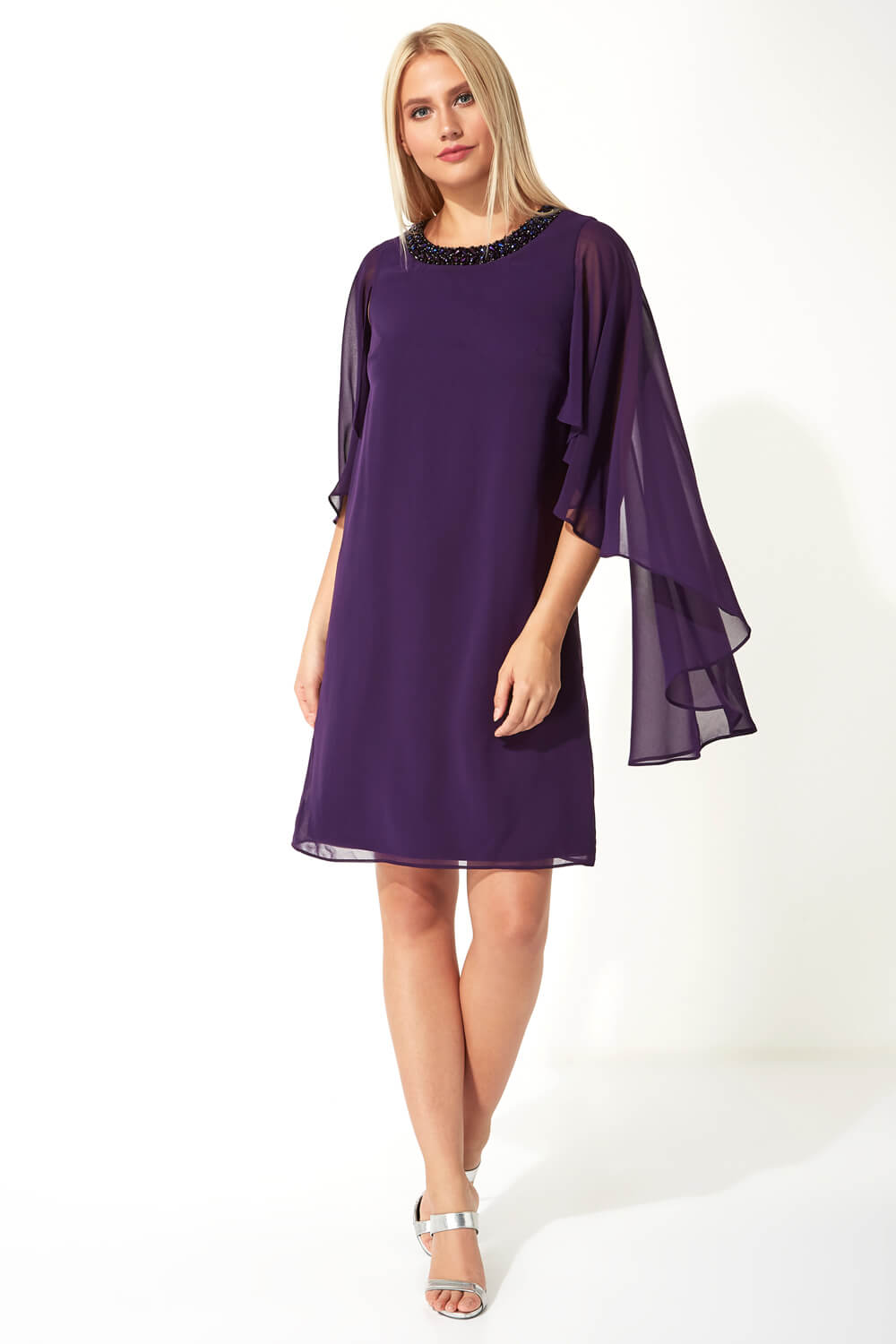 Purple Embellished Trim Chiffon Dress, Image 2 of 5