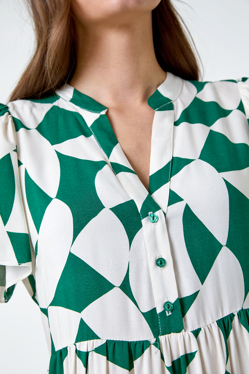 Green Geometric Print Tiered Midi Dress, Image 5 of 5