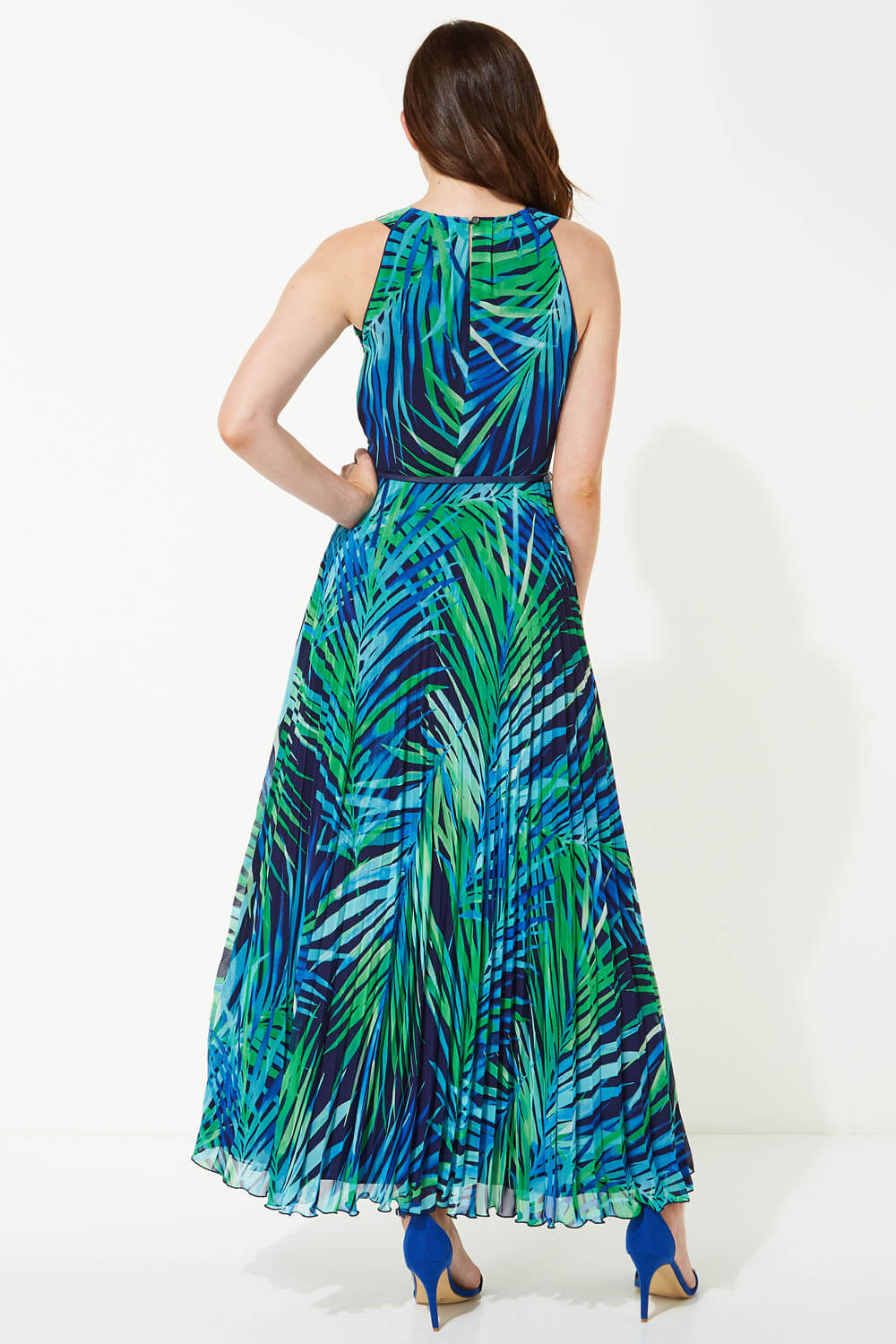 Navy  Palm Print Pleated Maxi Dress, Image 2 of 4