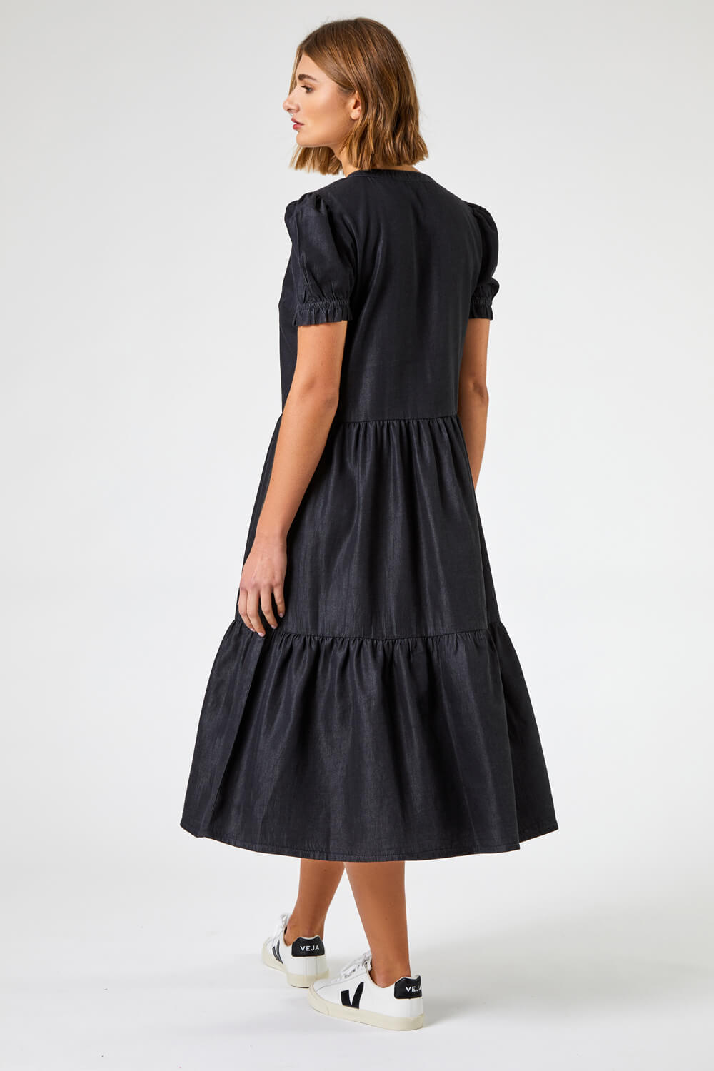 Black Denim Puff Sleeve Tiered Midi Dress, Image 2 of 5