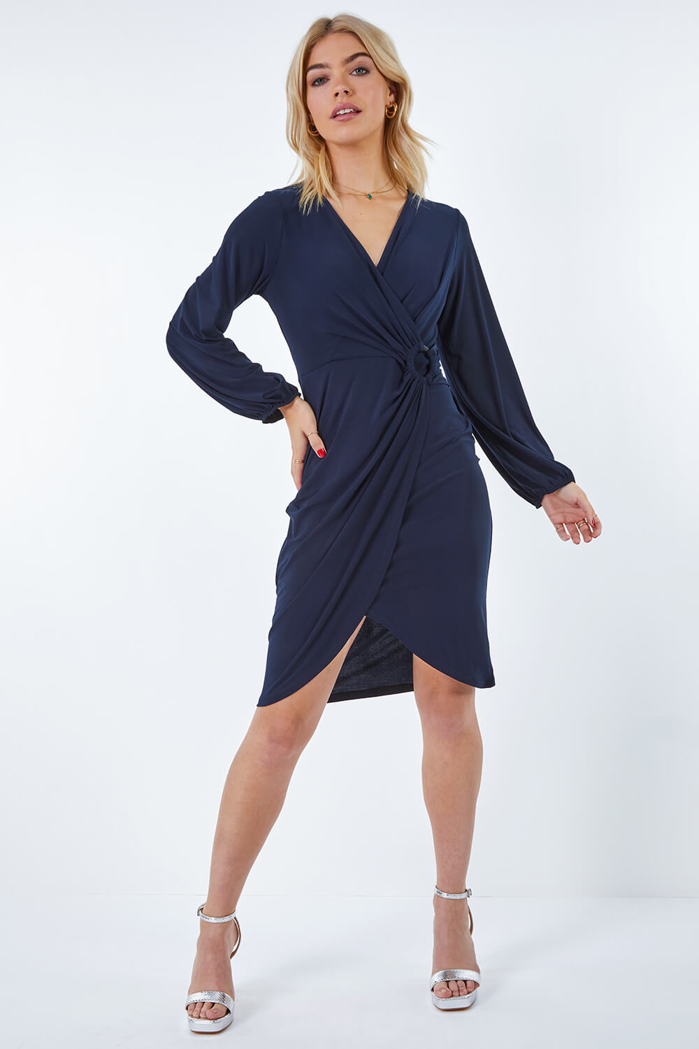 Navy  Ring Buckle Ruched Wrap Dress, Image 2 of 5