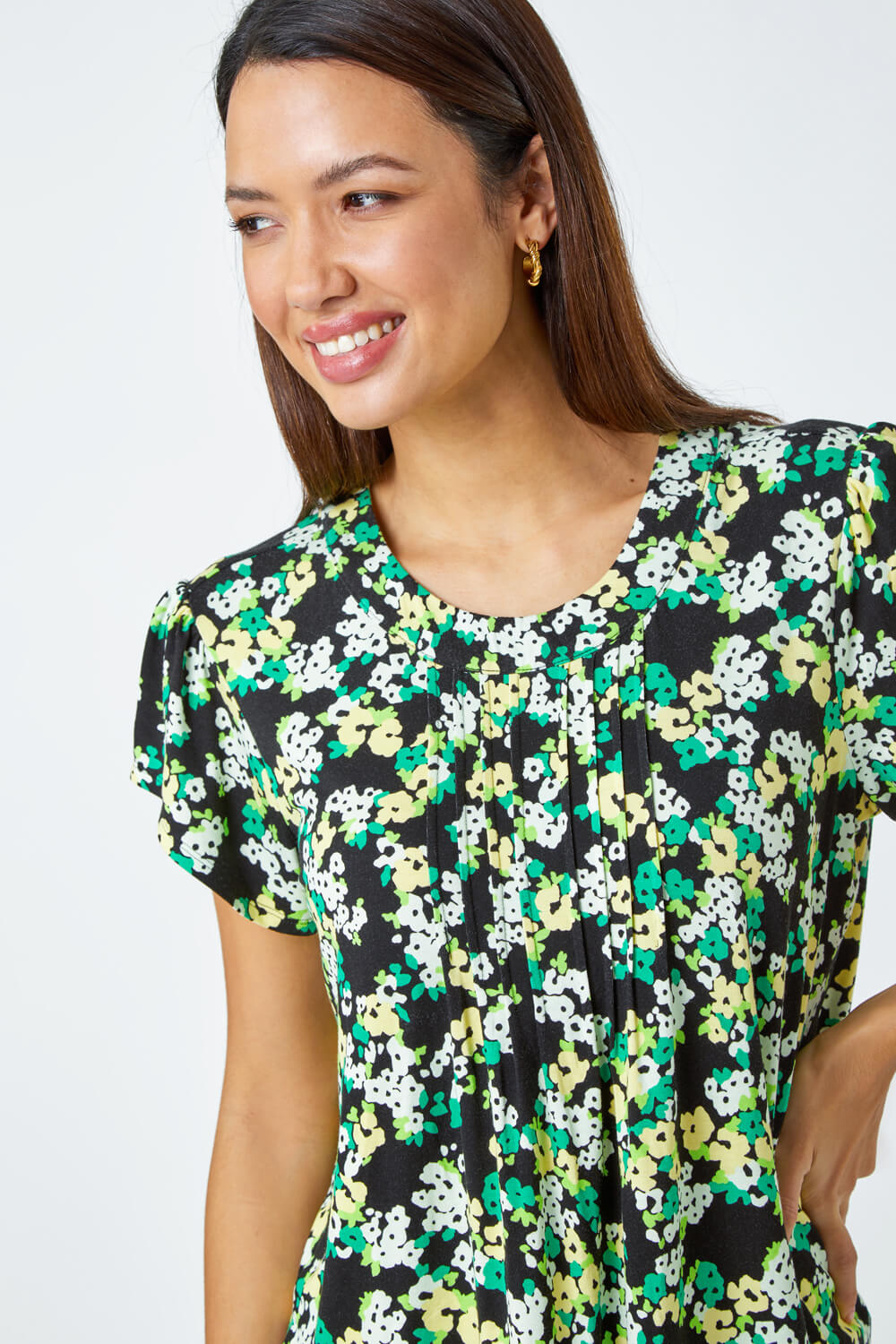 Green Floral Print Pleat Detail Blouse, Image 4 of 5