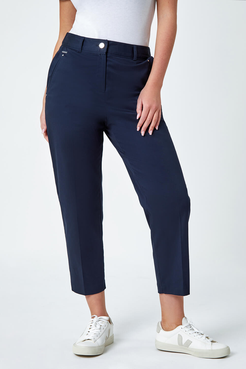 Navy  Petite Cotton Blend Stretch Trousers, Image 4 of 5