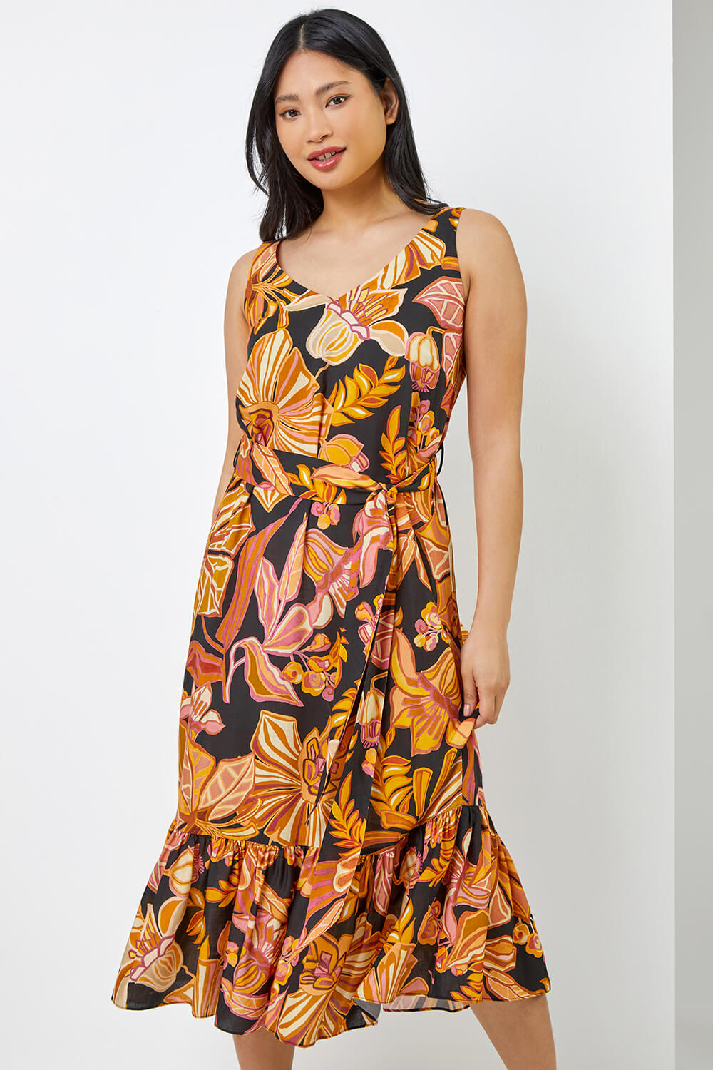 Rust Petite Floral Print Tiered Dress, Image 2 of 6
