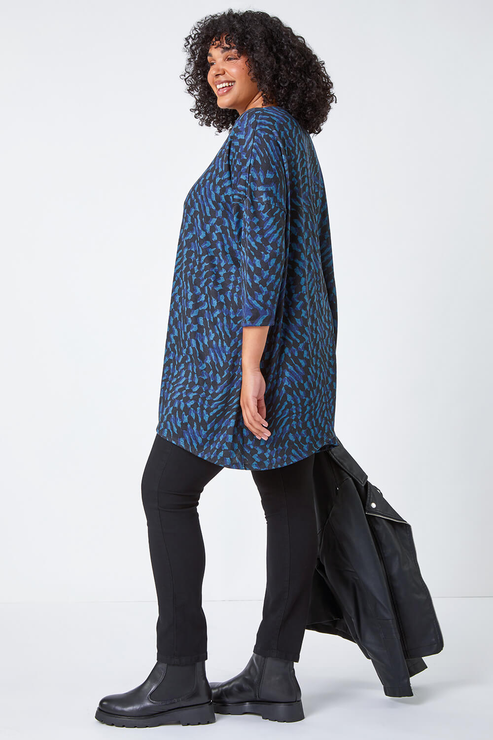 Blue Curve Abstract Print Stretch Tunic Top , Image 3 of 5