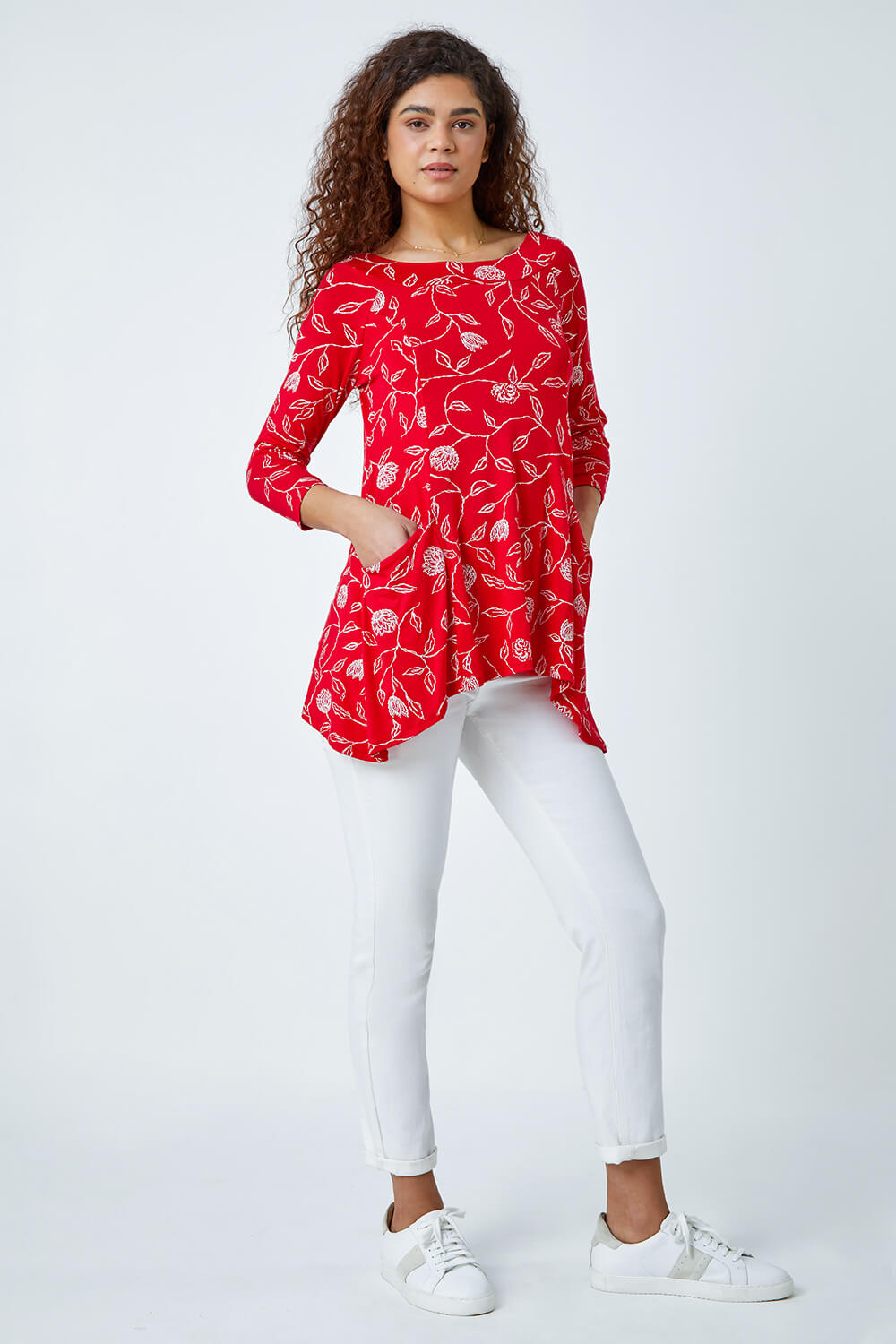 Red Floral Print Swing Stretch Top, Image 2 of 5