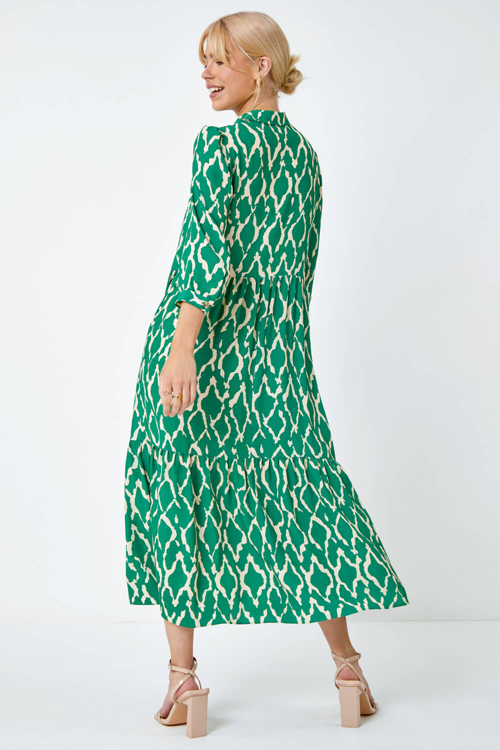 Green Graphic Tiered Shirt Midi Dress , Image 3 of 5