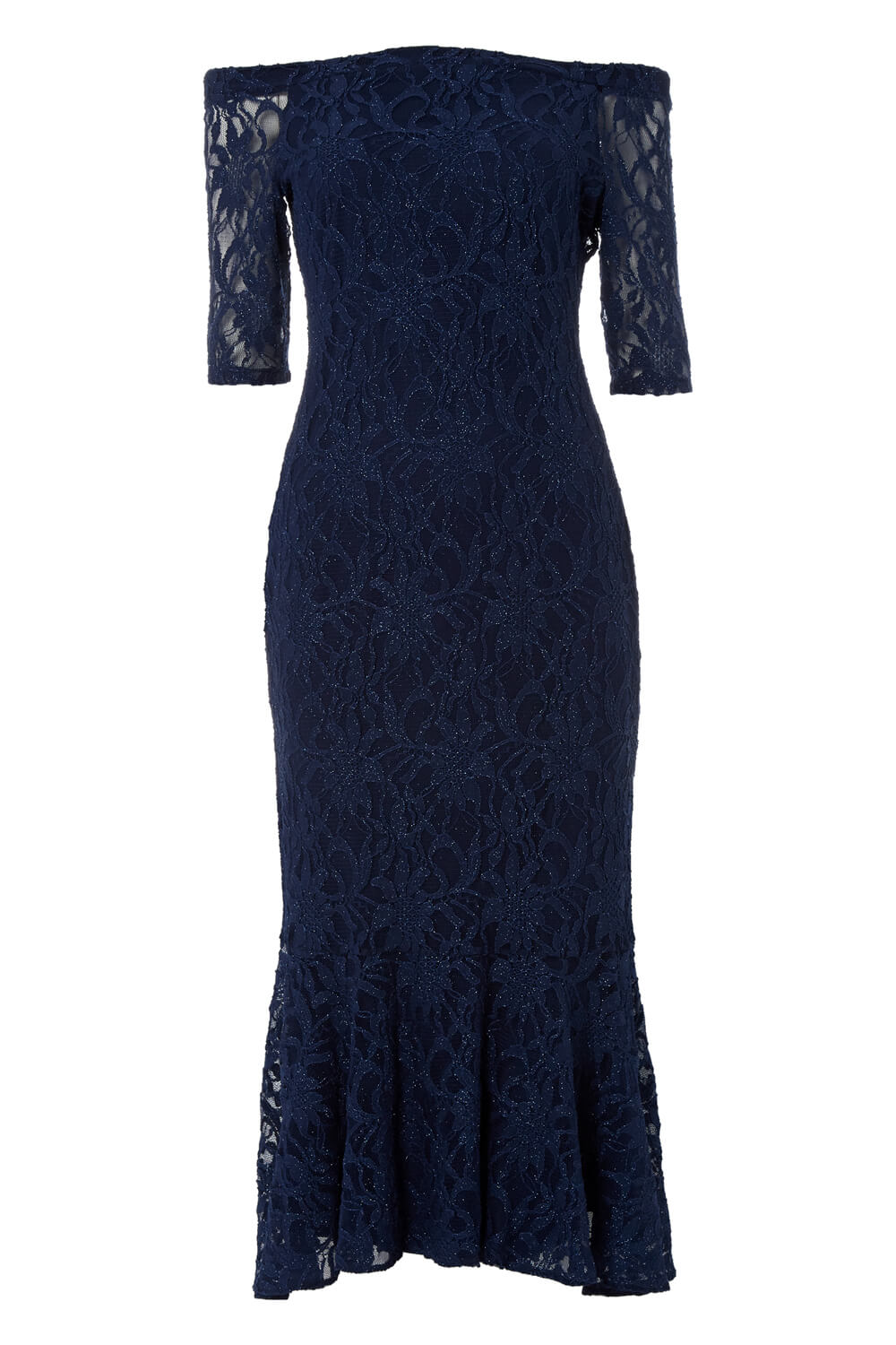 Navy  Lace Midi Bardot Dress, Image 5 of 5