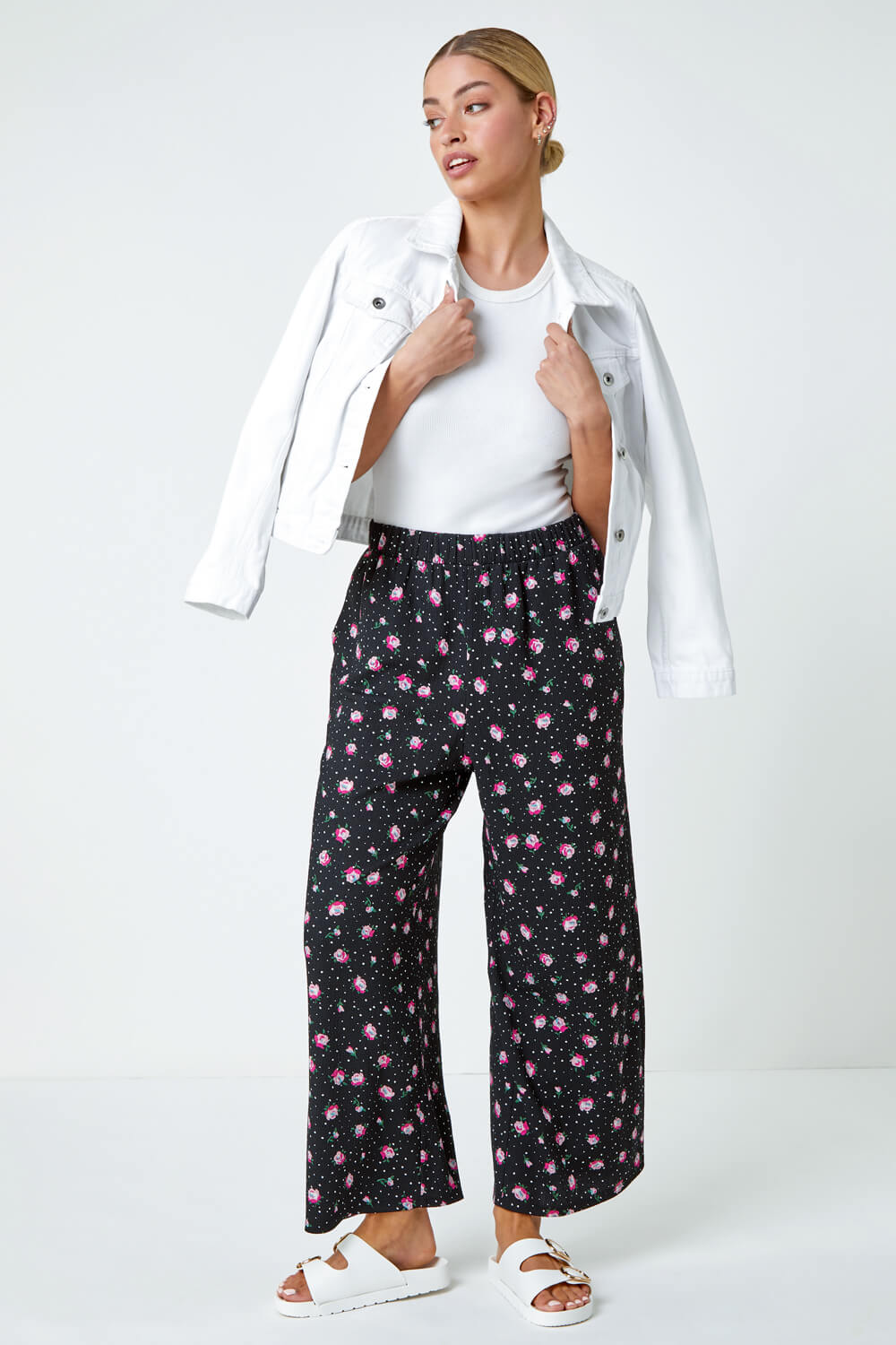 Black Ditsy Floral Print Stretch Culottes, Image 2 of 5