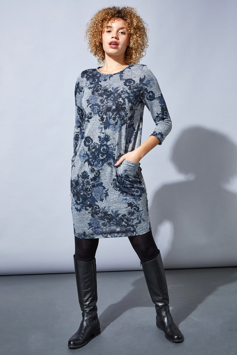 Grey Floral Print Cocoon Dress, Image 2 of 4