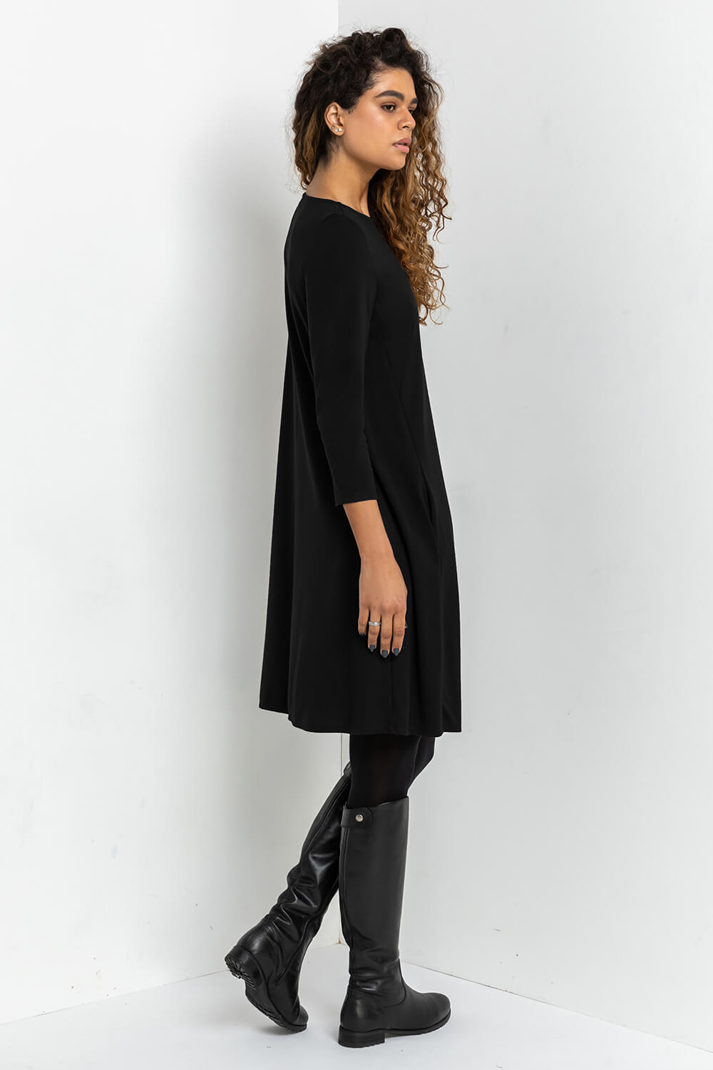 Black A-Line Pocket Detail Swing Dress, Image 3 of 5