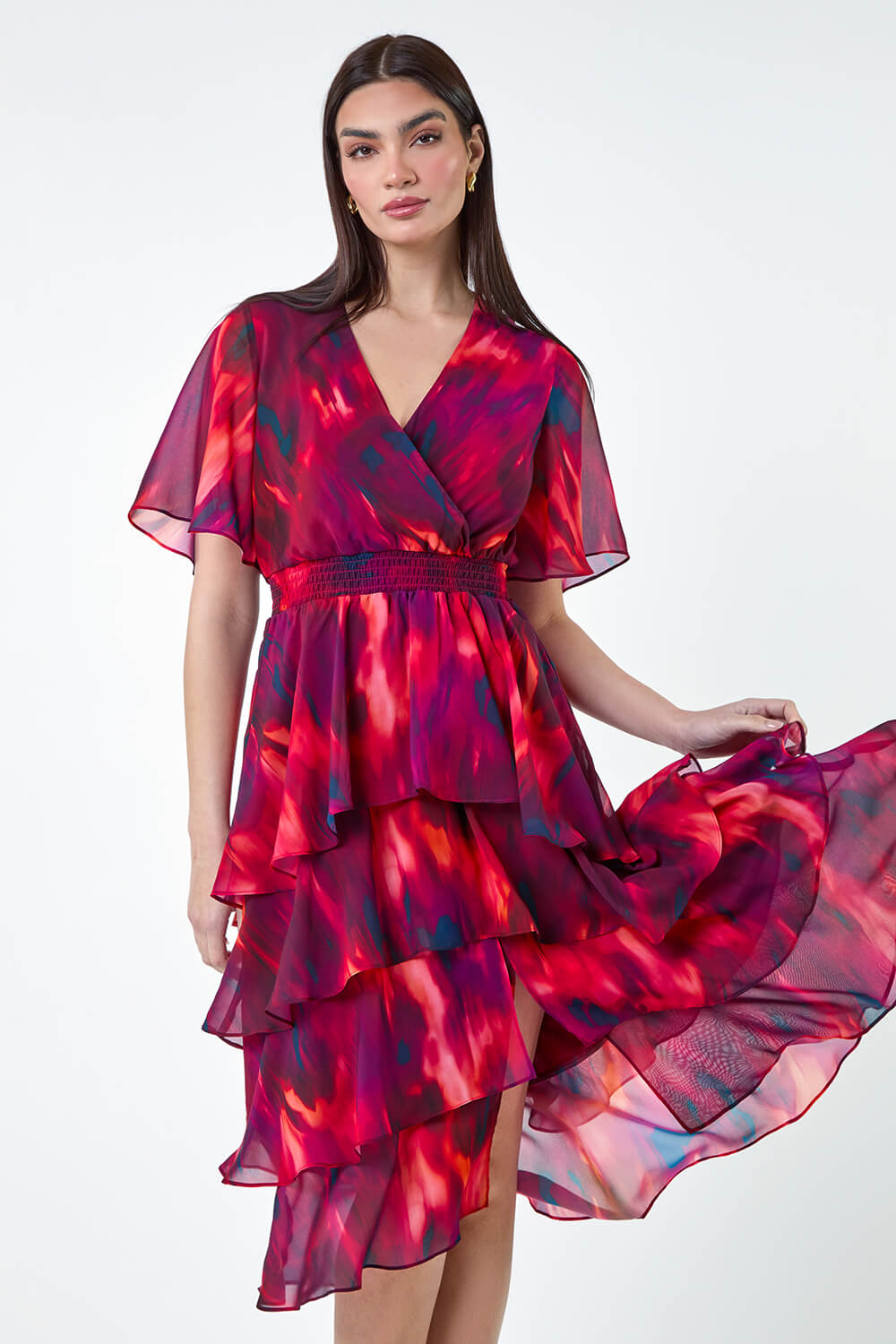 Abstract Print Chiffon Tiered Midi Dress
