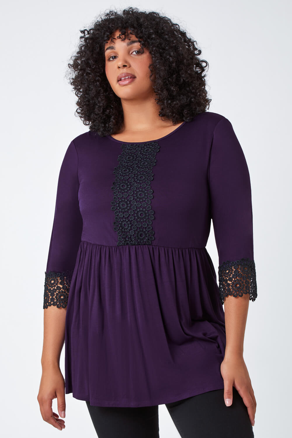 Purple Curve Lace Detail Stretch Tunic Top, Image 2 of 5