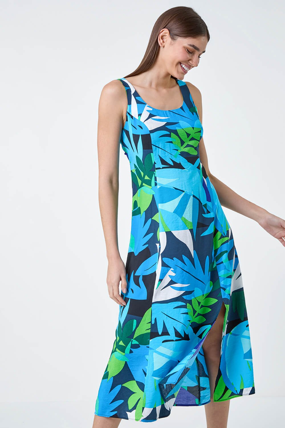 Blue Abstract Leaf Tie Back Midi Dress, Image 4 of 5