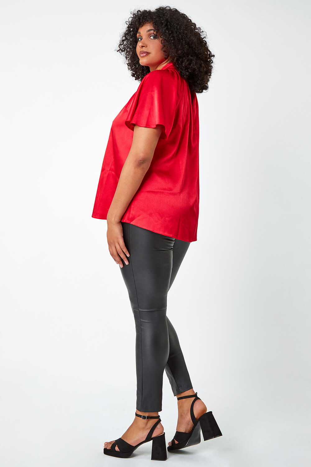 Red Curve Twist Neck Satin Top, Image 3 of 5