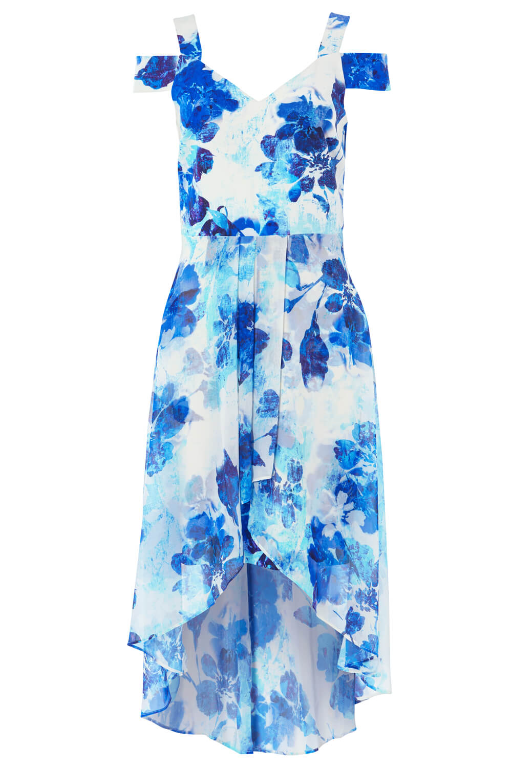 Blue Floral Dipped Hem Midi Dress, Image 4 of 4