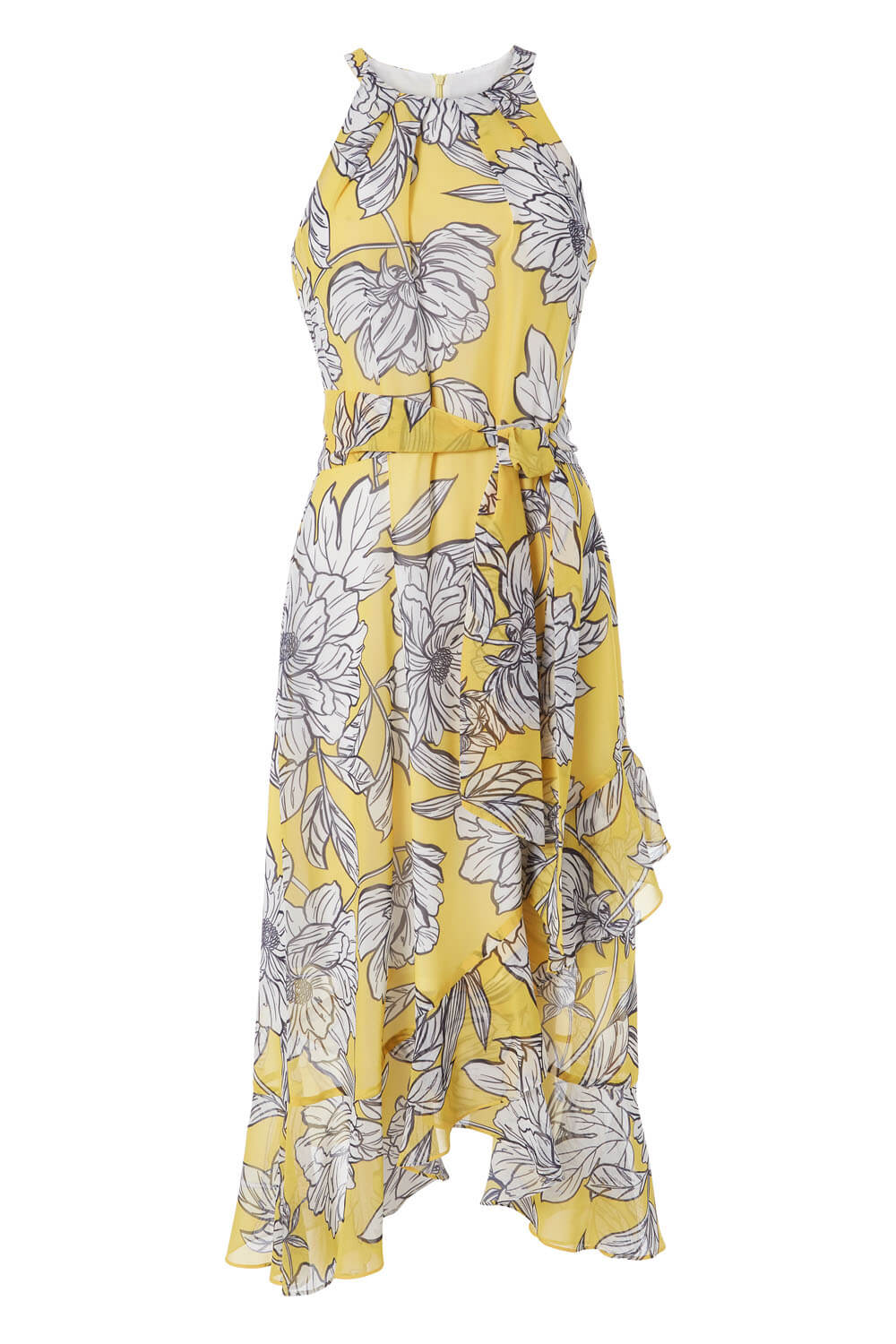 Yellow Floral Asymmetric Belted Midi Dress, Image 5 of 5