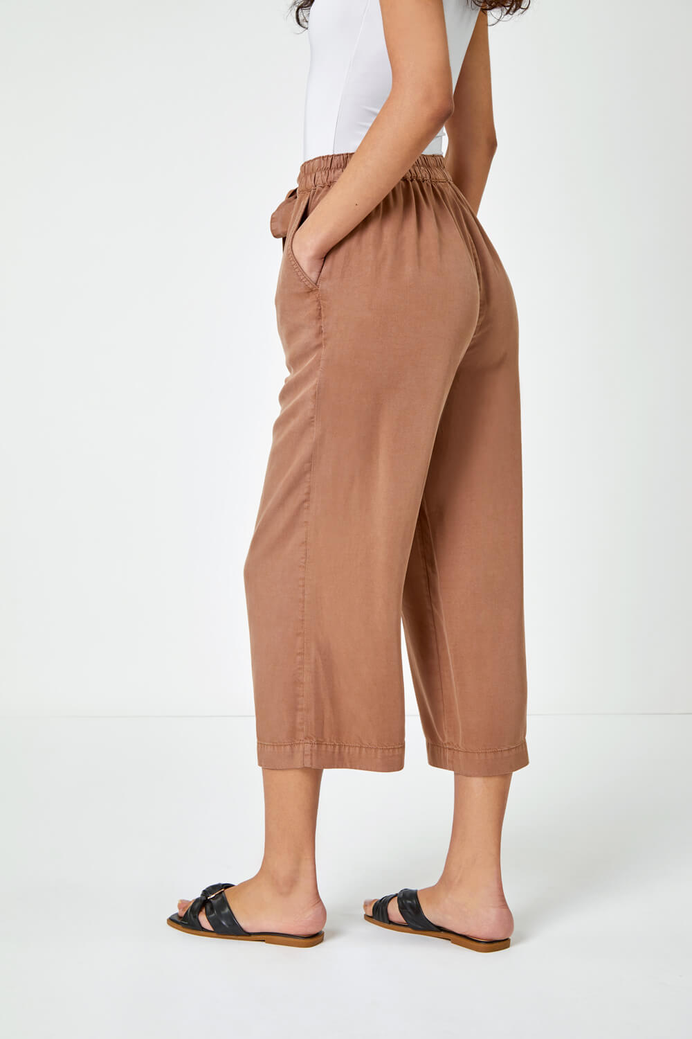 Tan Tie Detail Stretch Waist Culottes, Image 3 of 5