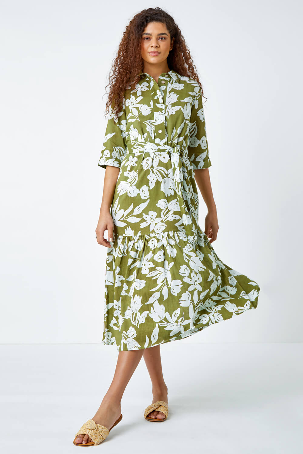 Green Leaf Frill Hem Button Shirt Dress | Roman UK