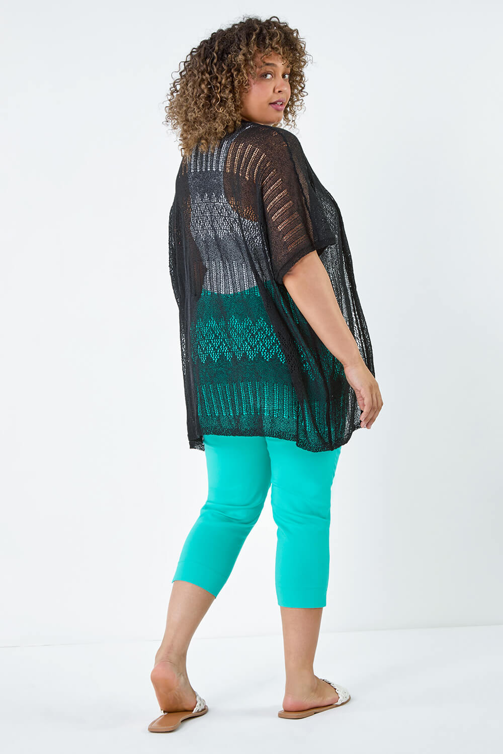 Black Curve Pointelle Knit Stretch Cardigan, Image 3 of 5