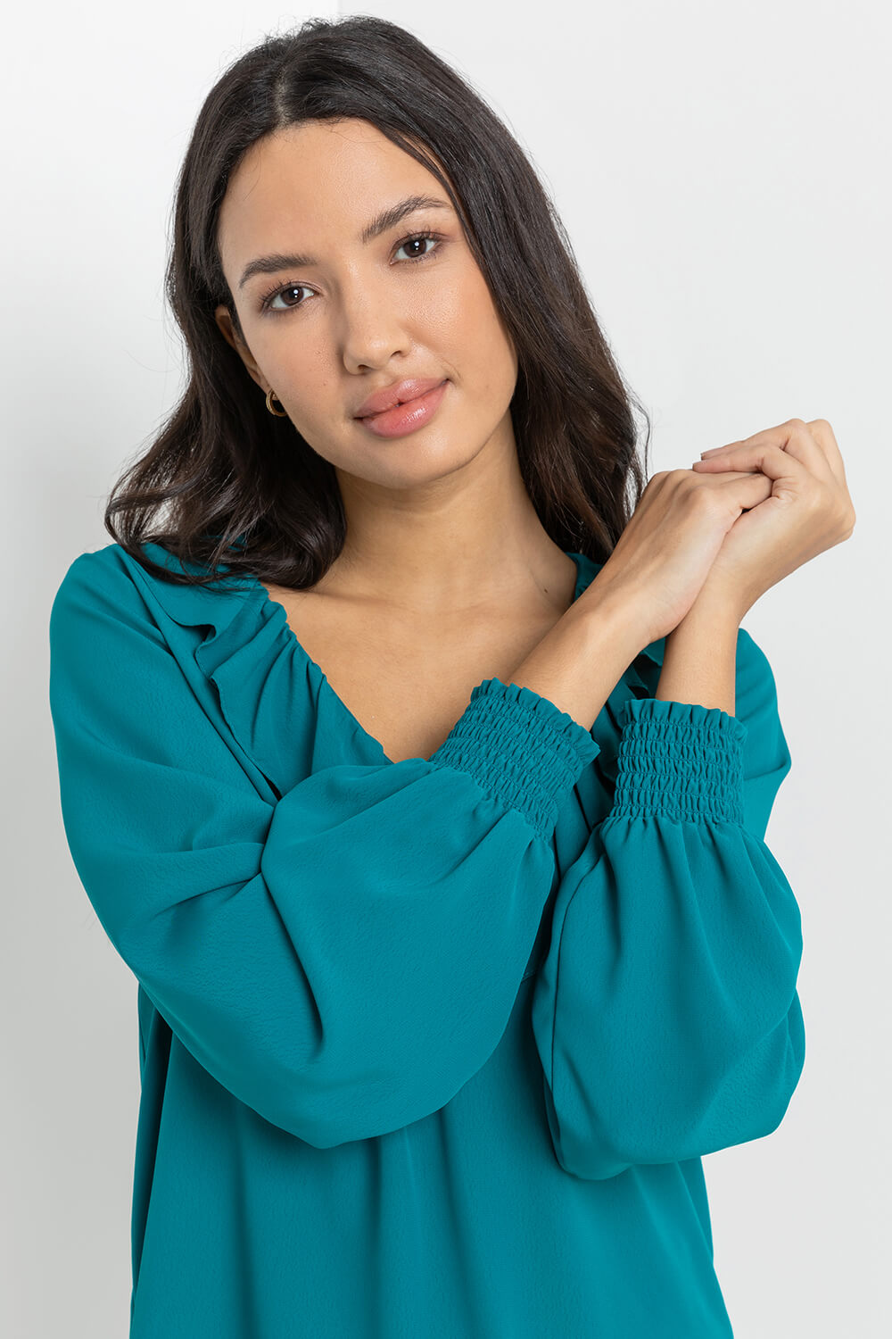 Teal Chiffon Frill Neck Detail Top, Image 4 of 4
