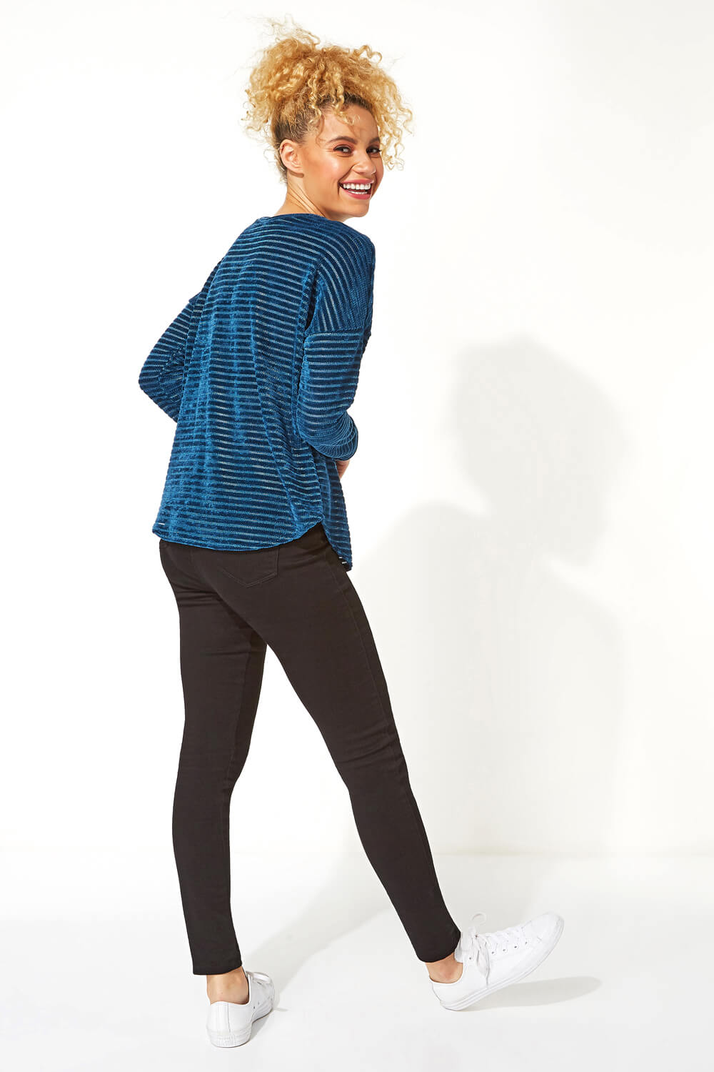 Teal Chenille Stripe Long Sleeve Top, Image 3 of 5