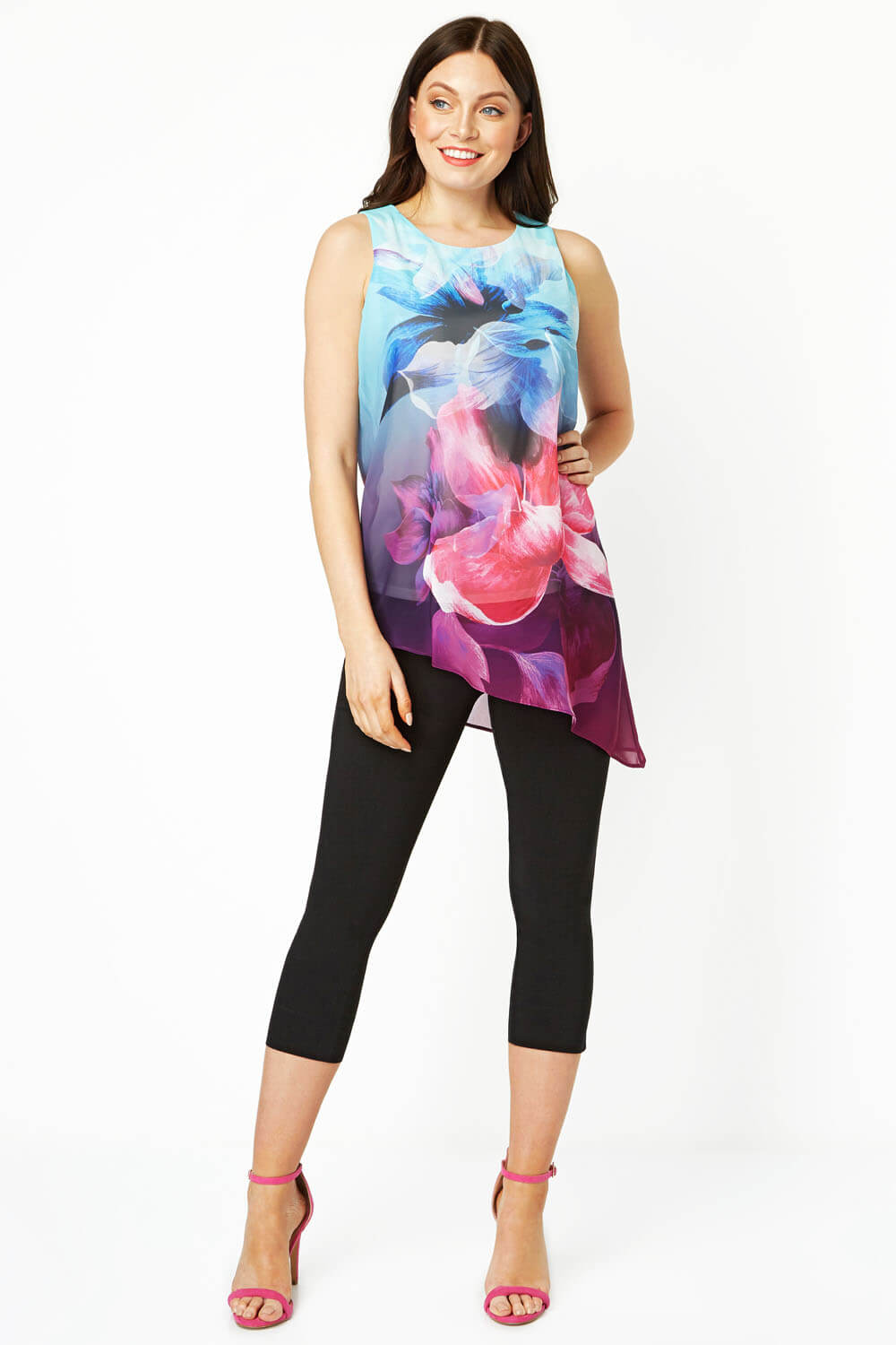 Turquoise Sleeveless Floral Print Chiffon Top, Image 2 of 8
