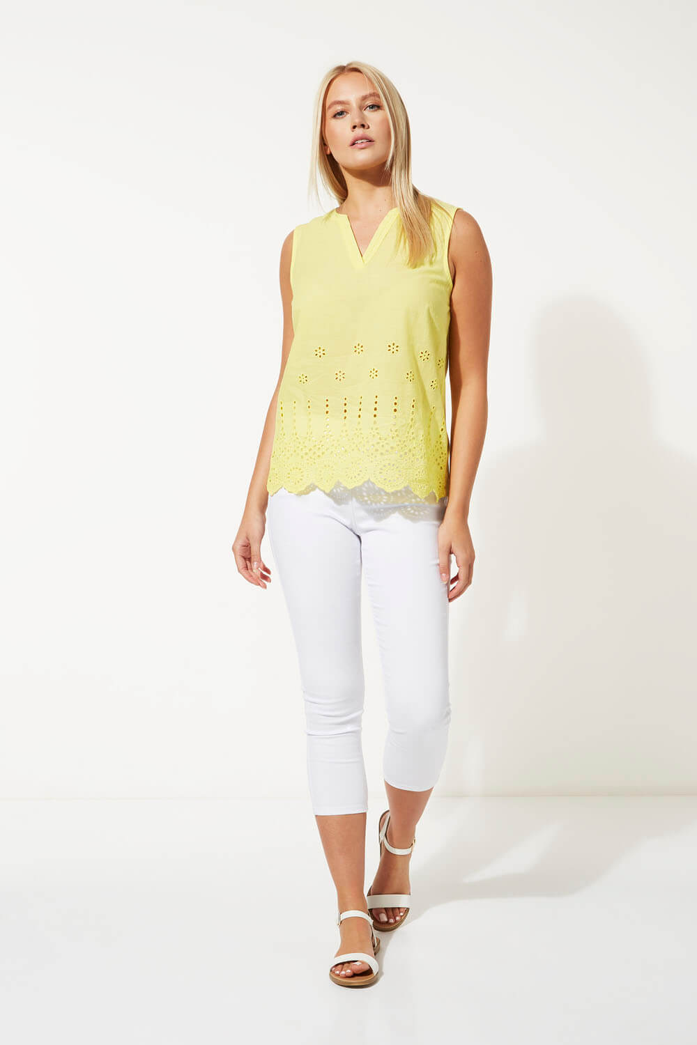 Yellow Sleeveless Scalloped Broderie Top, Image 3 of 4