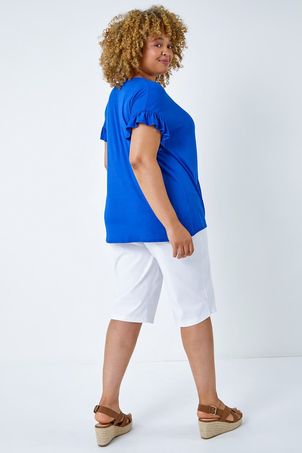 Royal Blue Curve Frill Sleeve Top, Image 3 of 5