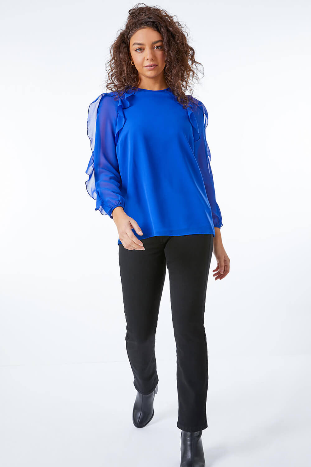 Royal Blue Petite Frill Sleeve Top, Image 4 of 5