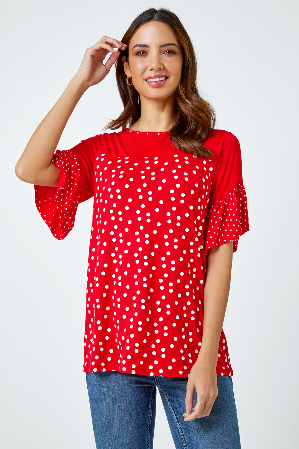 Red Spot Print Frill Sleeve Top, Image 2 of 5