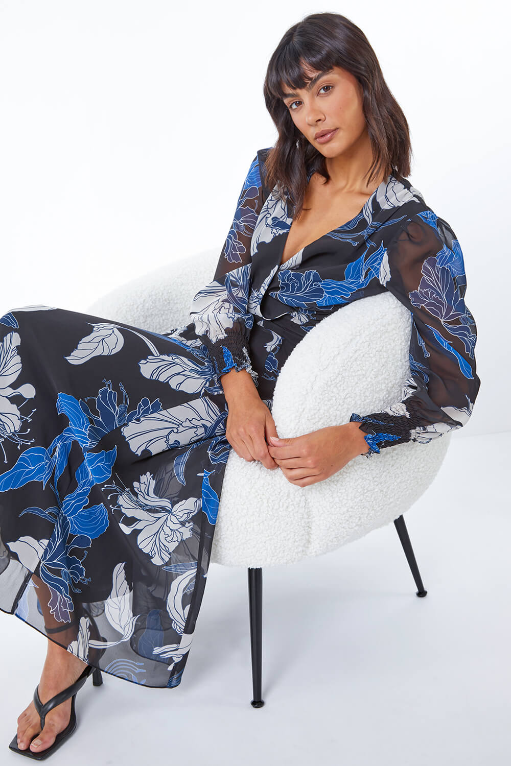 Blue Floral Print Chiffon Wrap Midi Dress , Image 2 of 5