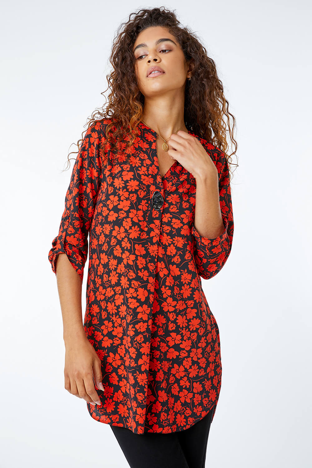 Rust Longline Button Detail Floral Shirt , Image 2 of 5