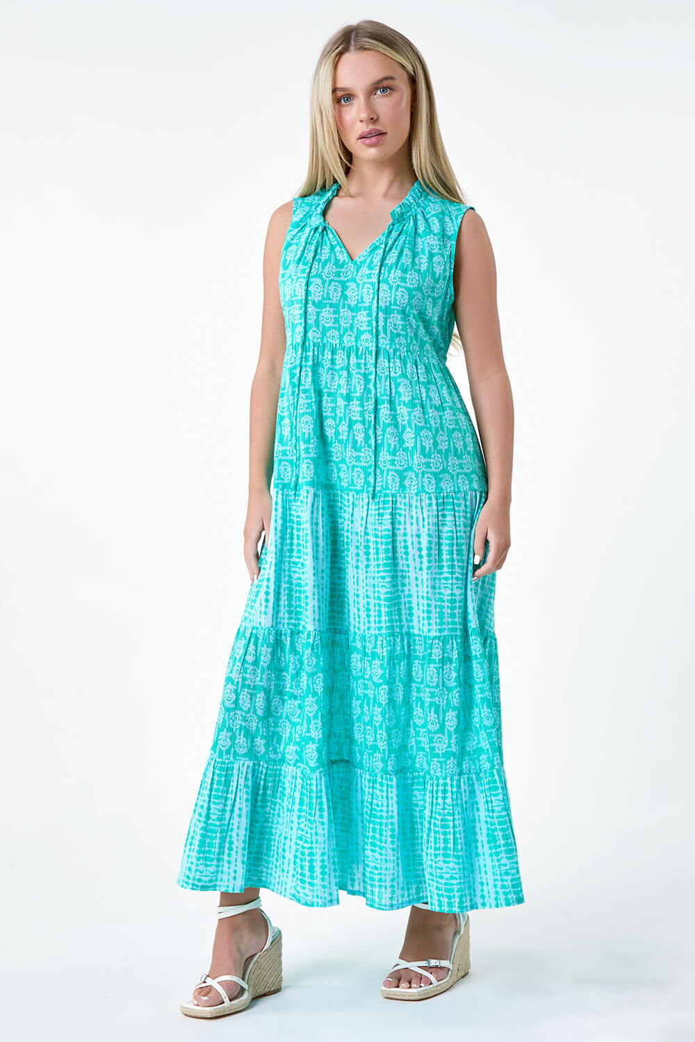 Turquoise Petite Tie Dye Tiered Midi Dress, Image 2 of 5