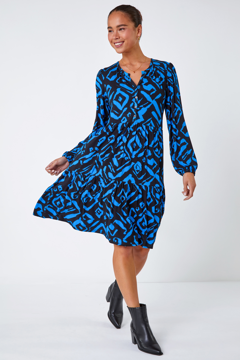 Blue Petite Abstract Print Tiered Stretch Dress, Image 2 of 5