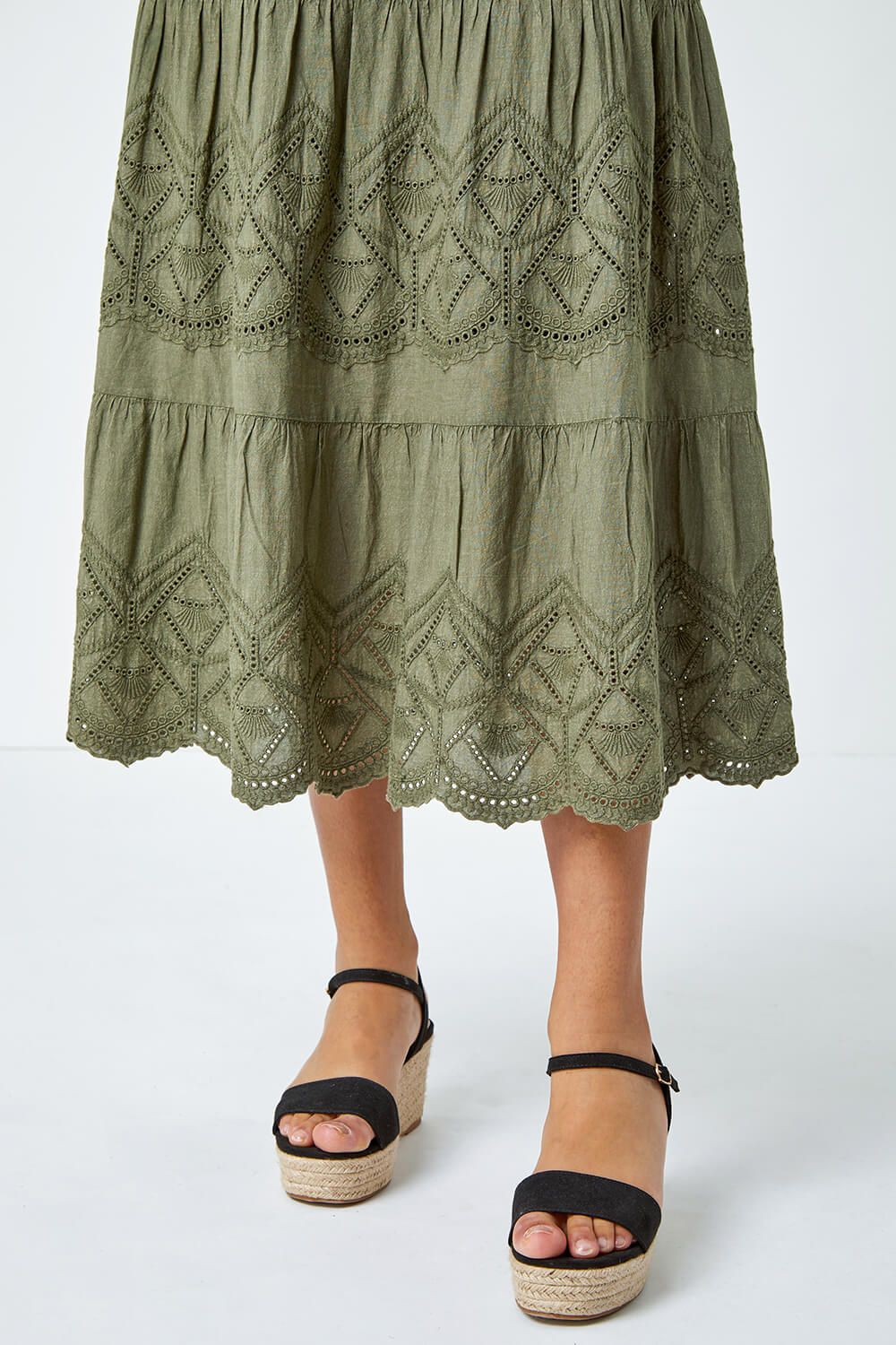 KHAKI Broderie Elastic Waist A Line Tiered Midi Skirt, Image 5 of 5