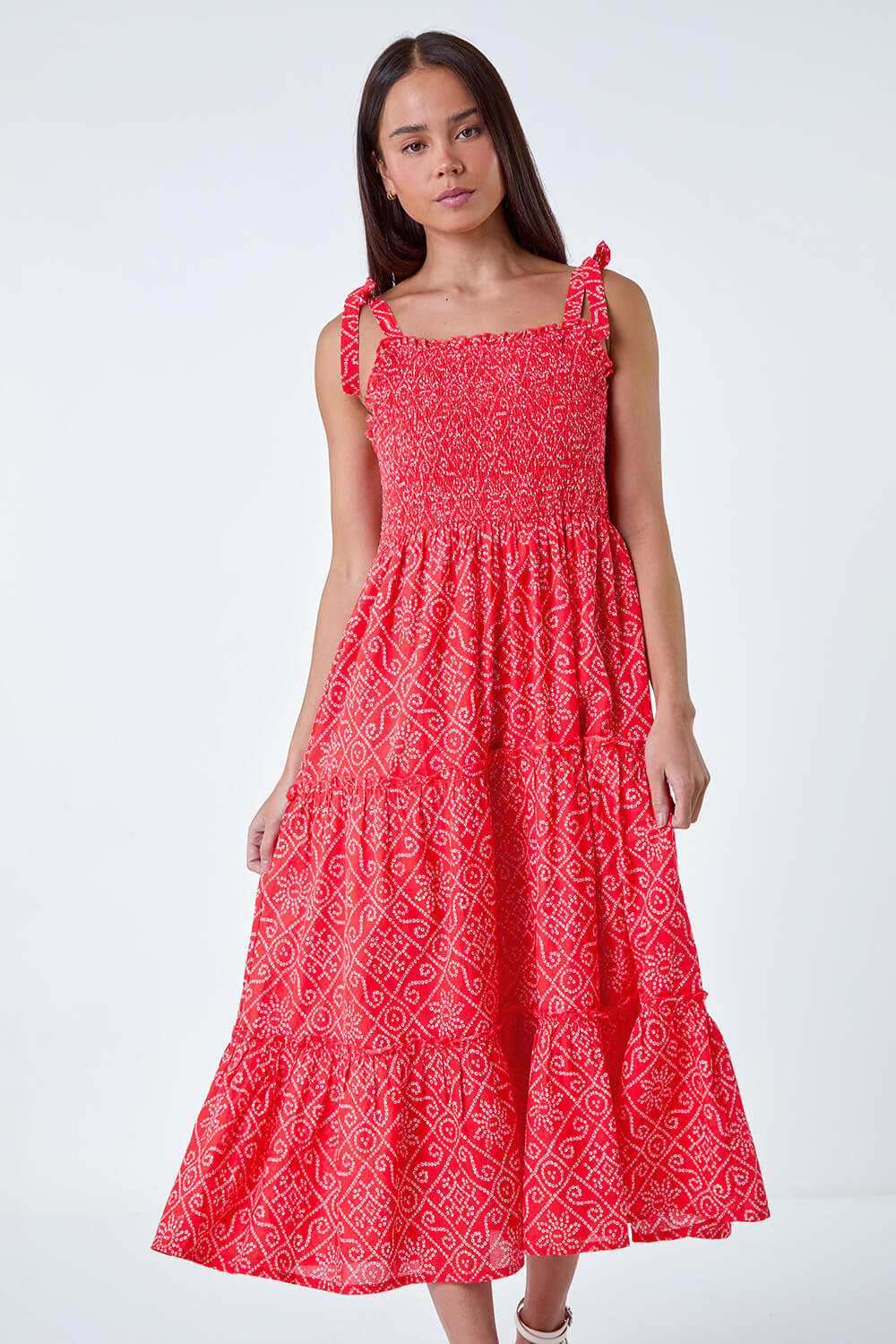 CORAL Petite Cotton Ditsy Print Shirred Maxi Dress, Image 4 of 5