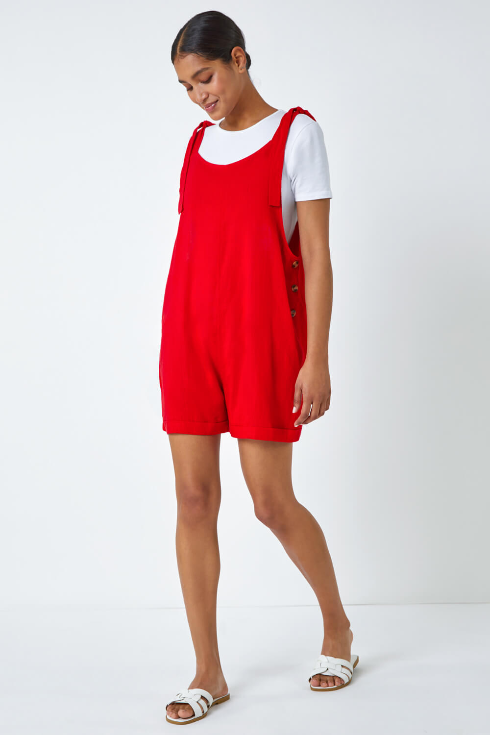 Red Shoulder Tie Cotton Playsuit, Image 3 of 5