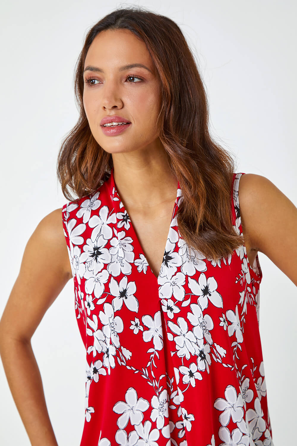 Red Textured Floral Print Sleeveless Top, Image 4 of 5