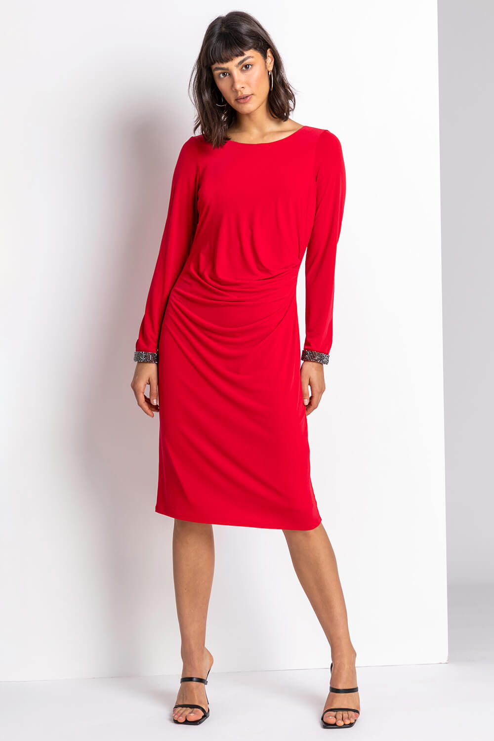 Red Sparkle Embellished Ruched Dress, Image 3 of 4