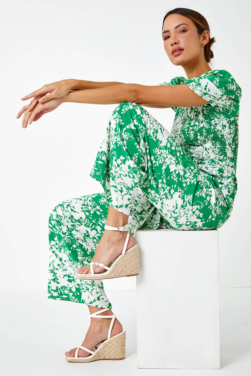 Ditsy Floral Stretch Shirred Jumpsuit
