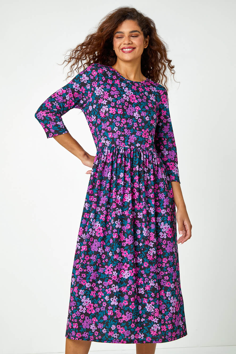 Purple Floral Print Midi Stretch Dress, Image 2 of 5