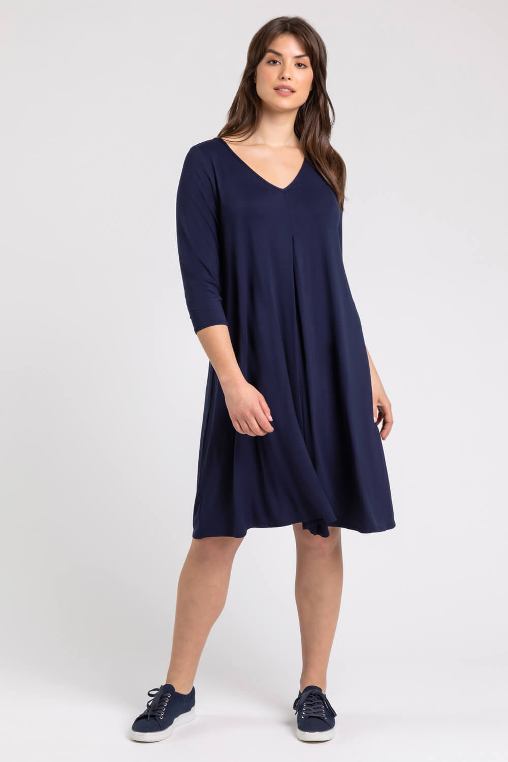 Navy  Curve Pleat Front Jersey Midi Dress, Image 3 of 4