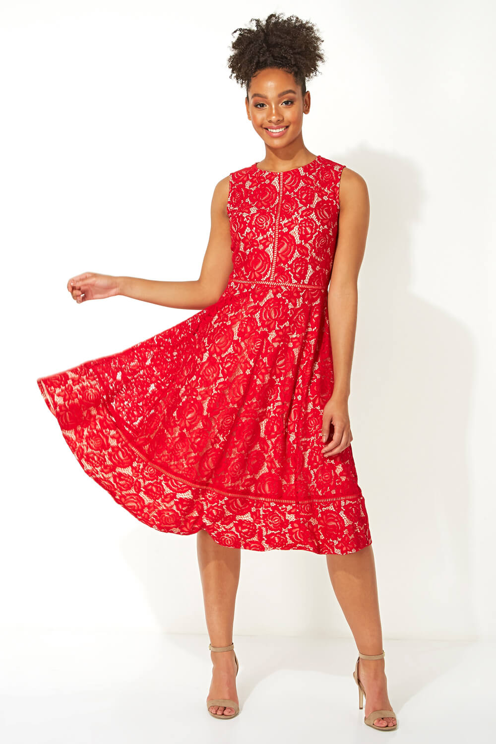 Red Fit And Flare Lace Midi Dress, Image 3 of 5