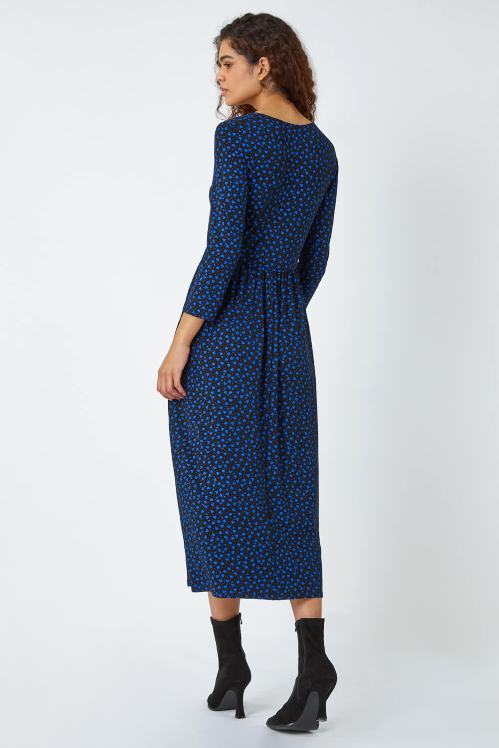 Royal Blue Heart Print Ruched Detail Stretch Midi Dress, Image 3 of 5