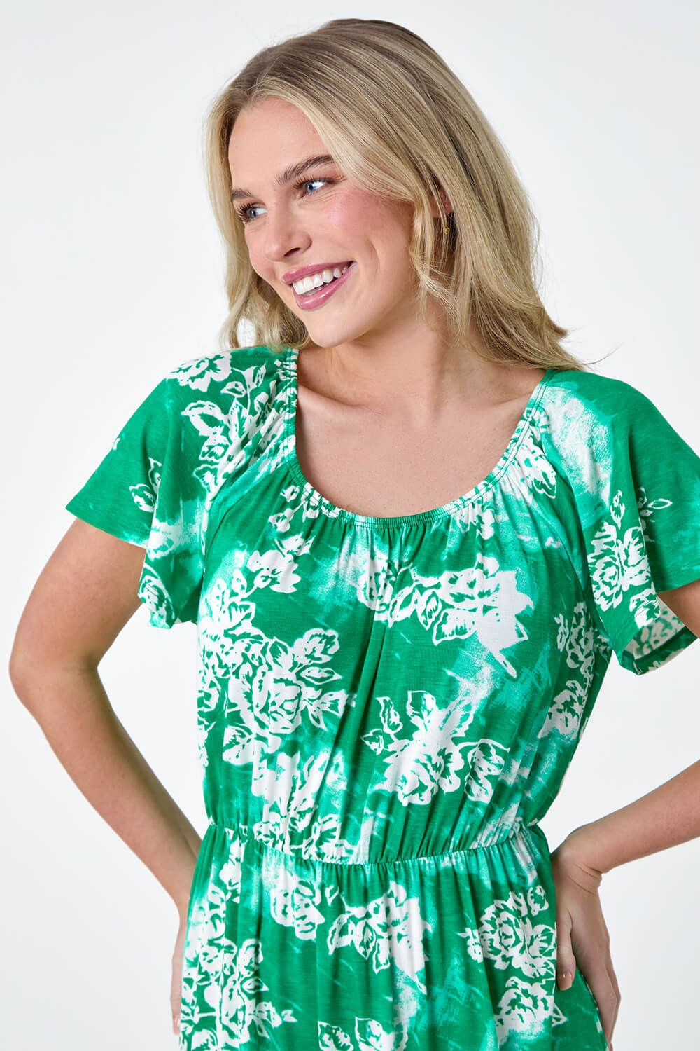 Green Petite Abstract Floral Stretch Frill Dress, Image 4 of 5